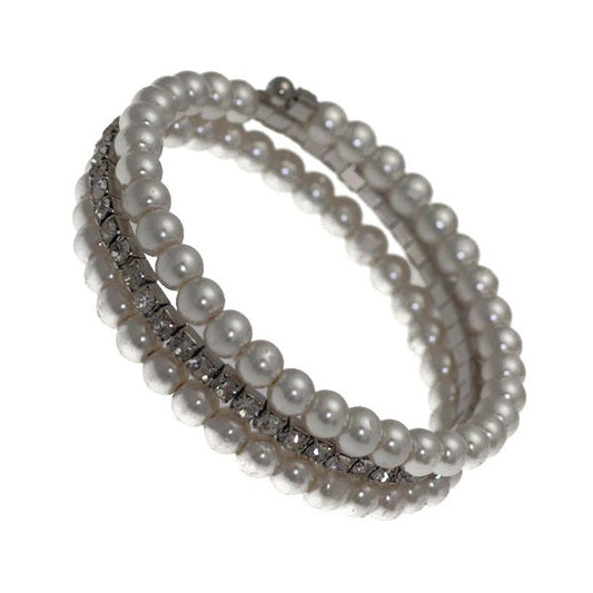 Brioni Silver tone Crystal White faux Pearl Spiral Spring Bracelet