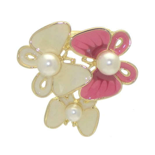 RAMONDA Gold tone faux Pearl Pink and White Butterflies Scarf Clip / Brooch