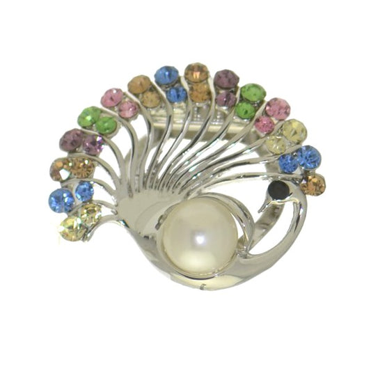 CANARIA Silver tone Multi-Coloured Crystal faux Pearl Peacock Scarf Clip / Brooch