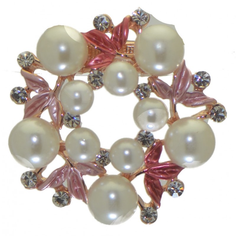 ABUTILON Gold tone pink faux Pearl Crystal Scarf Clip / Brooch
