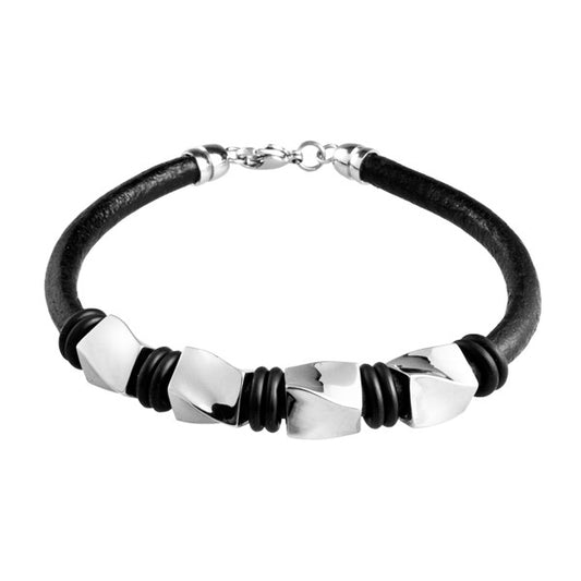 BRUCE Stainless Steel And Black Leather Bracelet