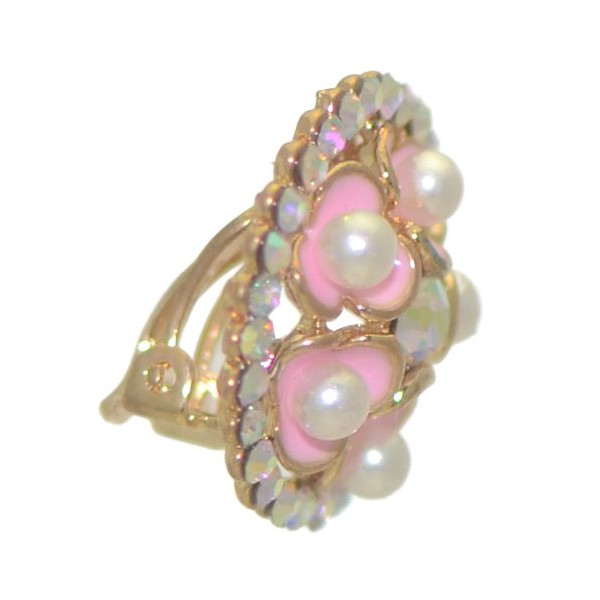 BRYLEN Gold tone Pink faux Pearl Crystal Clip On Earrings