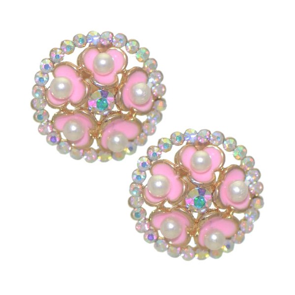 BRYLEN Gold tone Pink faux Pearl Crystal Clip On Earrings