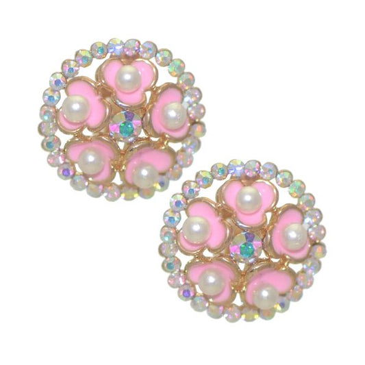 BRYLEN Gold tone Pink faux Pearl Crystal Clip On Earrings