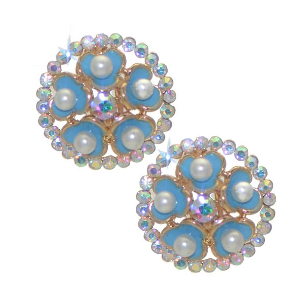 BRYLEN Gold tone Turquoise Flower AB Crystal Clip On Earrings