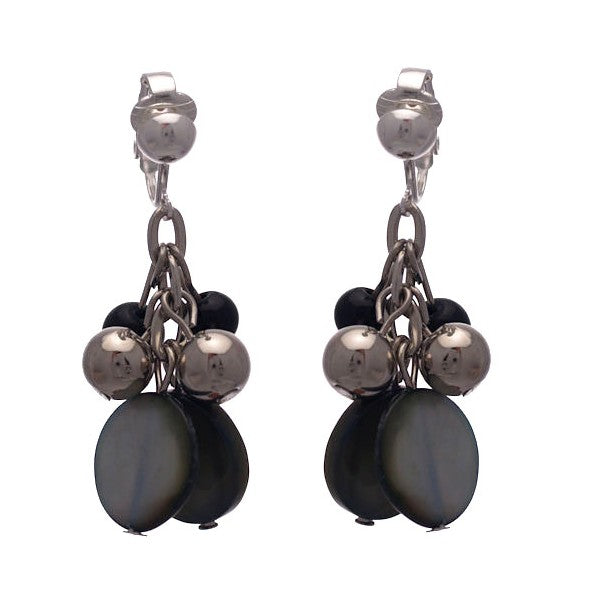 CALENDRE Silver Black Beads and Disks Clip On Earrings