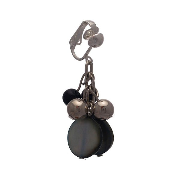 CALENDRE Silver Black Beads and Disks Clip On Earrings