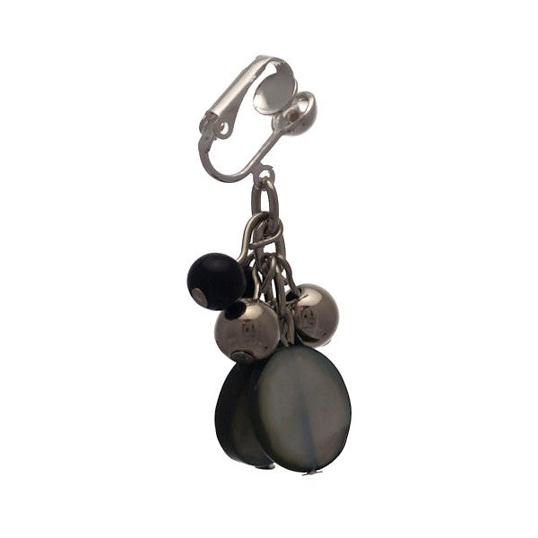 CALENDRE Silver Black Beads and Disks Clip On Earrings