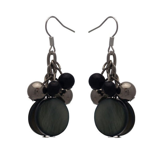 CALENDRE Silver Black Beads and Disks Hook Earrings