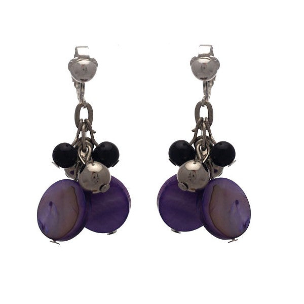 CALENDRE Silver plated Purple Disks and Beads Clip On Earrings