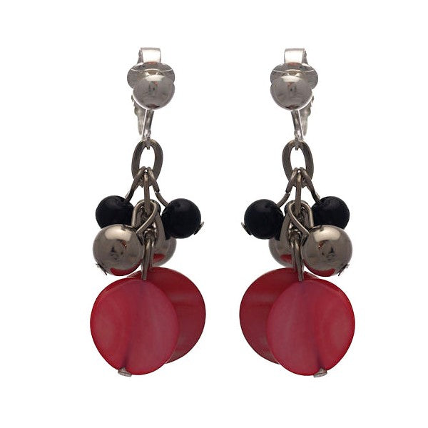 CALENDRE Silver plated Red Disks and Beads Clip On Earrings