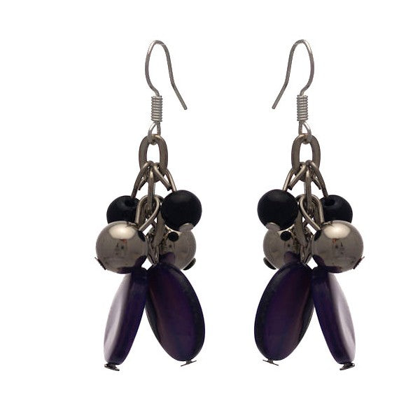 CALENDRE Silver tone Purple Disks and Black Beads Hook Earrings