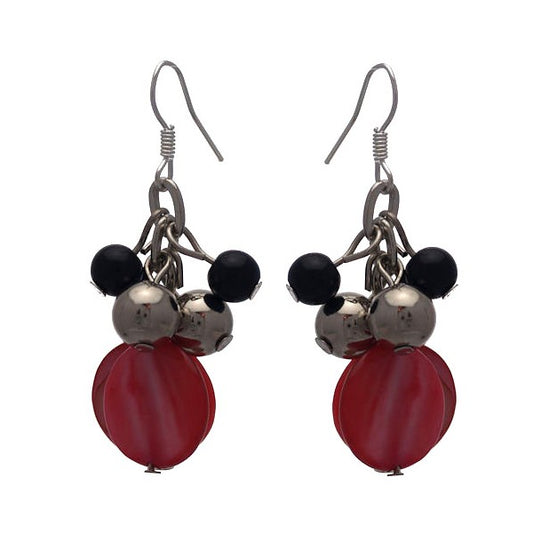 CALENDRE Silver tone Red Disks and Black Beads Hook Earrings