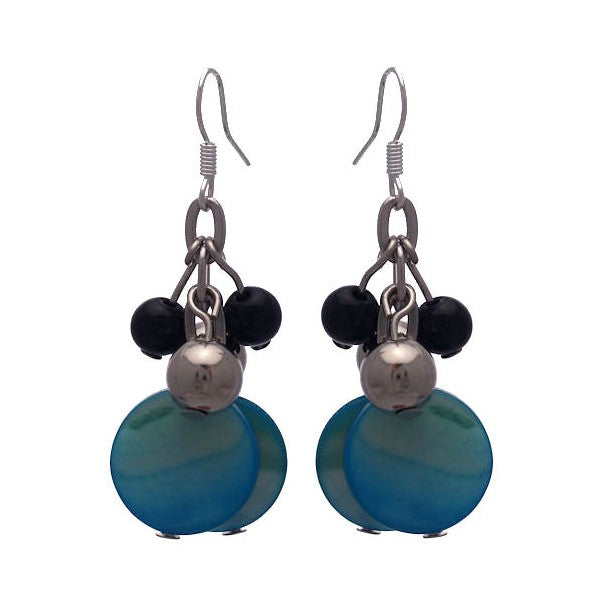 CALENDRE Silver tone Turquoise Disks and Black Beads Hook Earrings