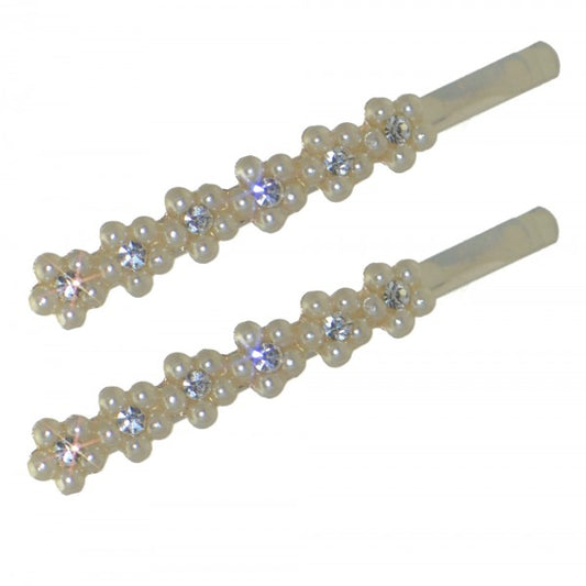 CARAWAY Pair Silver tone faux Pearl & Crystal Flower Hair Clips