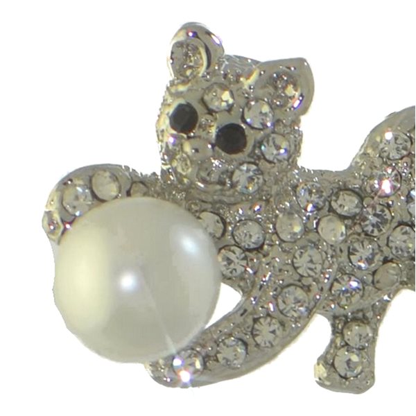 CAT and BALL silver plated crystal faux pearl cat brooch