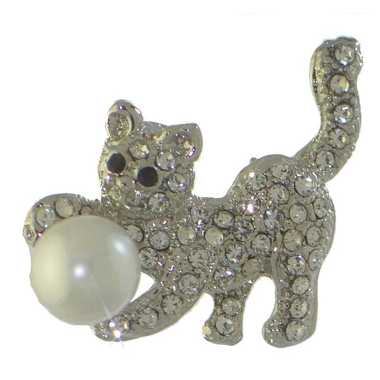 CAT and BALL silver plated crystal faux pearl cat brooch