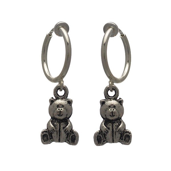 Cerceau 15mm Silver Plated Bear Drop Hoop Clip On Earrings