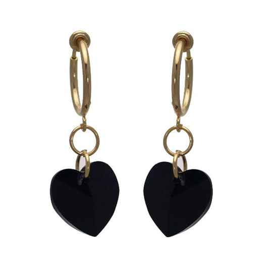 Cerceau Valentine Gold plated Jet Black Heart Clip On Earrings
