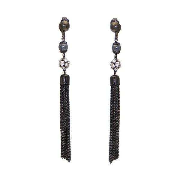 CHANDRABAH Black Chain and Crystal Clip On Earrings