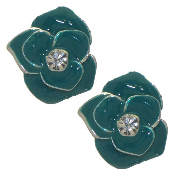 CHANTILLY silver tone green flower clip on earrings
