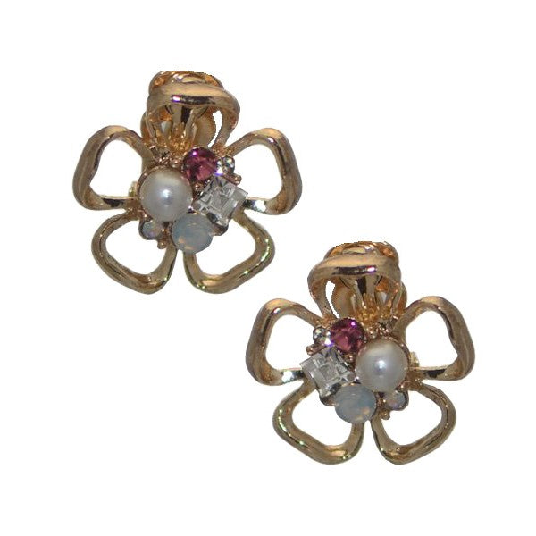 CHELLE Gold tone faux Pearl Crystal Flower Clip On Earrings