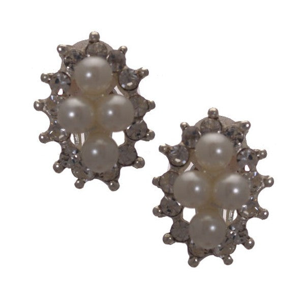 CLARETTE Silver tone Crystal faux Pearl Clip On Earrings