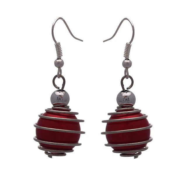 CONSOLATA Silver tone Red Caged Ball Hook Earrings