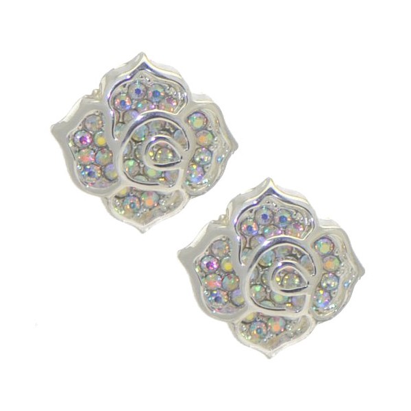 CONSUELA Silver tone Open Rose AB Crystal Clip On Earrings