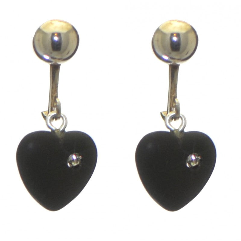 CORAZON black pressed glass heart with inset crystal clip on earrings