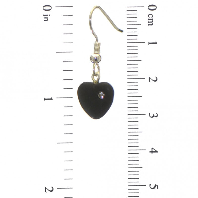 CORAZON black pressed glass heart with inset crystal hook earrings