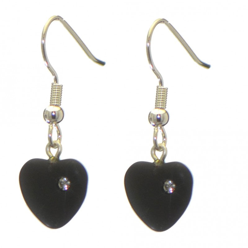 CORAZON black pressed glass heart with inset crystal hook earrings