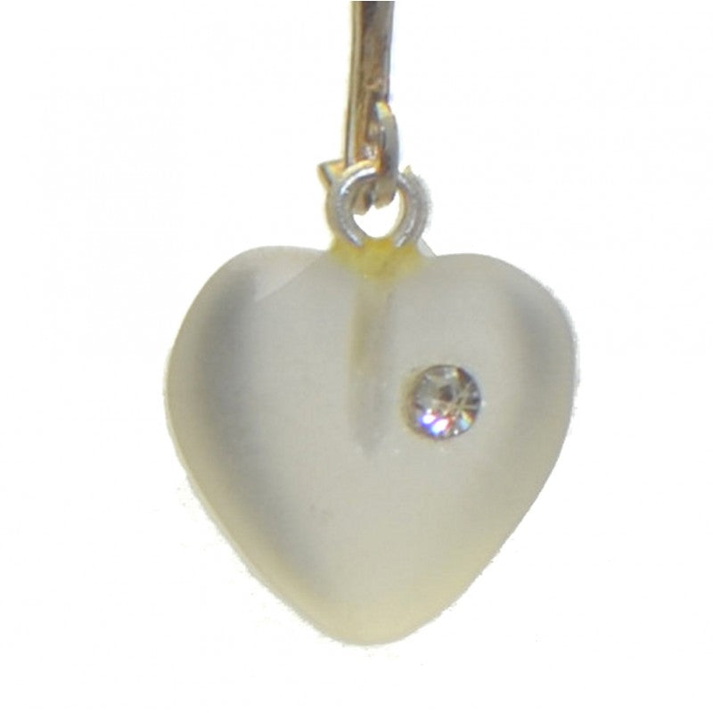 CORAZON clear frosted pressed glass heart with inset crystal clip on earrings