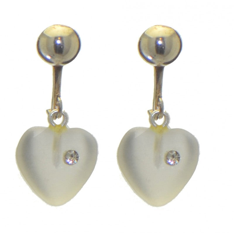 CORAZON clear frosted pressed glass heart with inset crystal clip on earrings