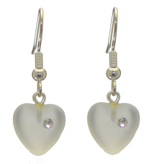 CORAZON clear frosted pressed glass heart with inset crystal hook earrings