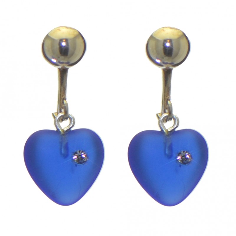CORAZON dark blue pressed glass heart with inset crystal clip on earrings