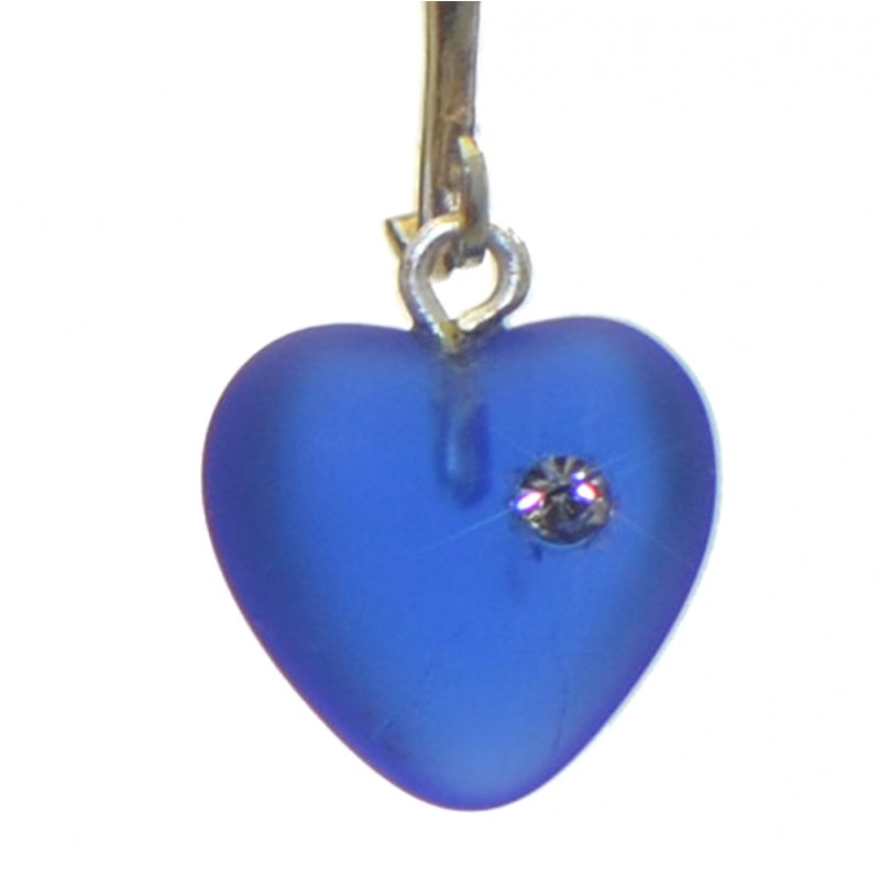 CORAZON dark blue pressed glass heart with inset crystal clip on earrings