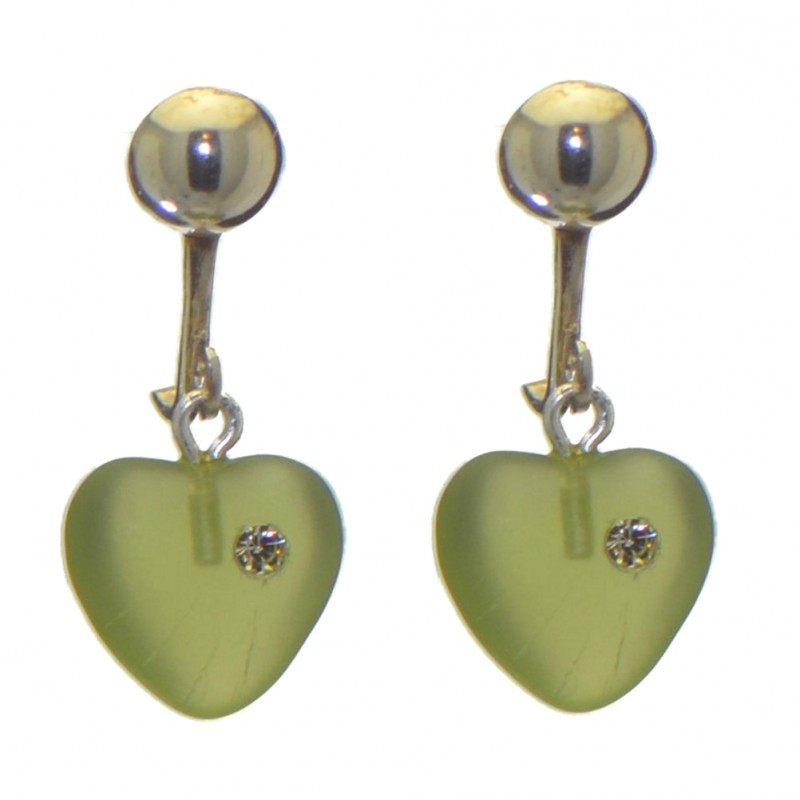 CORAZON green pressed glass heart with inset crystal clip on earrings