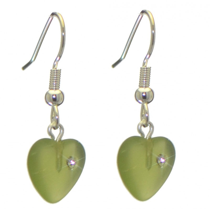 CORAZON green pressed glass heart with inset crystal hook earrings