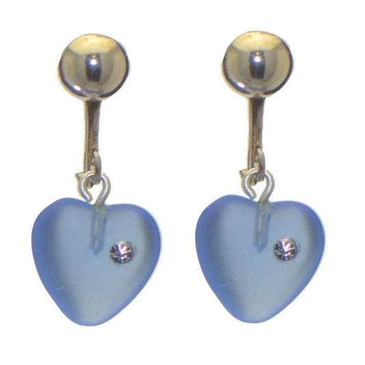 CORAZON light blue pressed glass heart with inset crystal clip on earrings