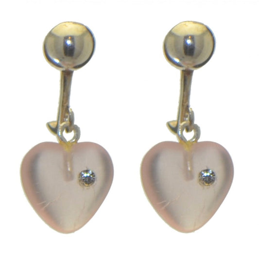 CORAZON pale pink pressed glass heart with inset crystal clip on earrings