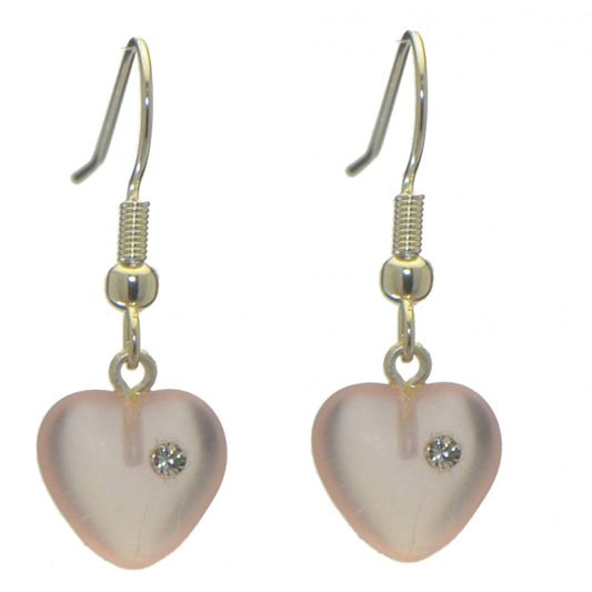 CORAZON pale pink pressed glass heart with inset crystal hook earrings