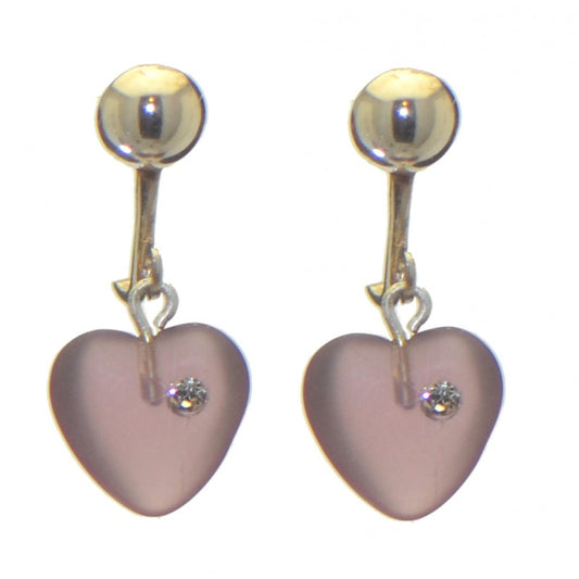 CORAZON purple pressed glass heart with inset crystal clip on earrings