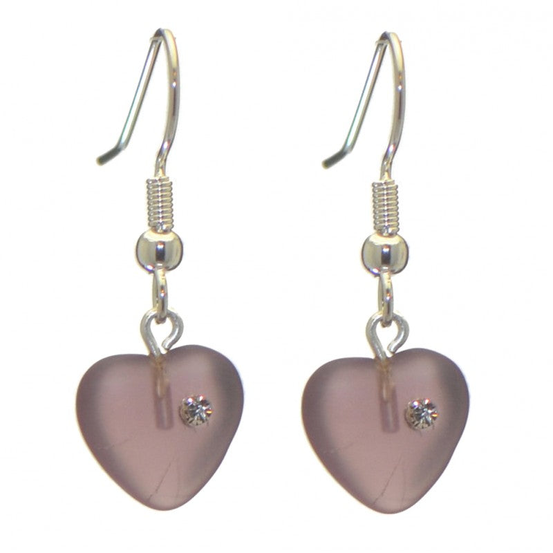 CORAZON purple pressed glass heart with inset crystal hook earrings