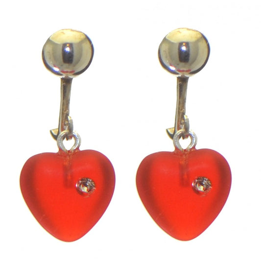 CORAZON red pressed glass heart with inset crystal clip on earrings