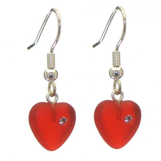 CORAZON red pressed glass heart with inset crystal hook earrings