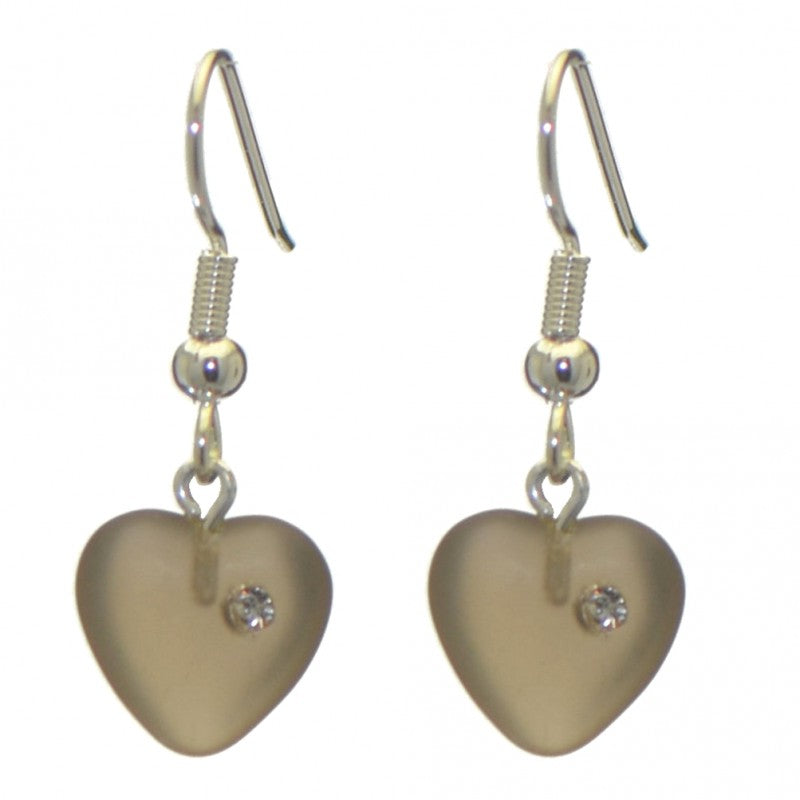 CORAZON smoke pressed glass heart with inset crystal hook earrings