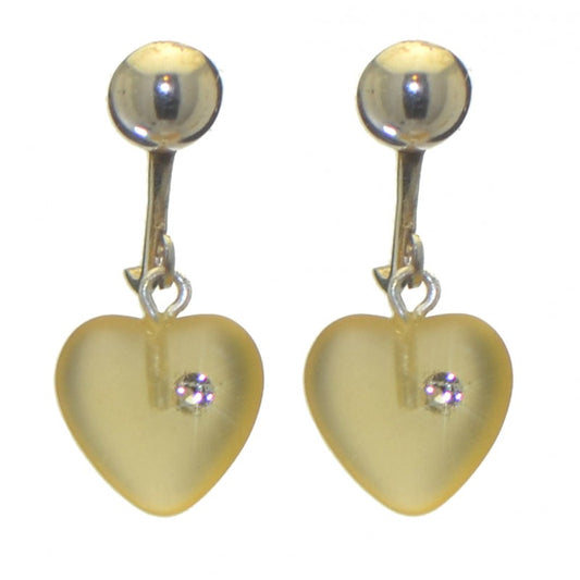 CORAZON yellow pressed glass heart with inset crystal clip on earrings