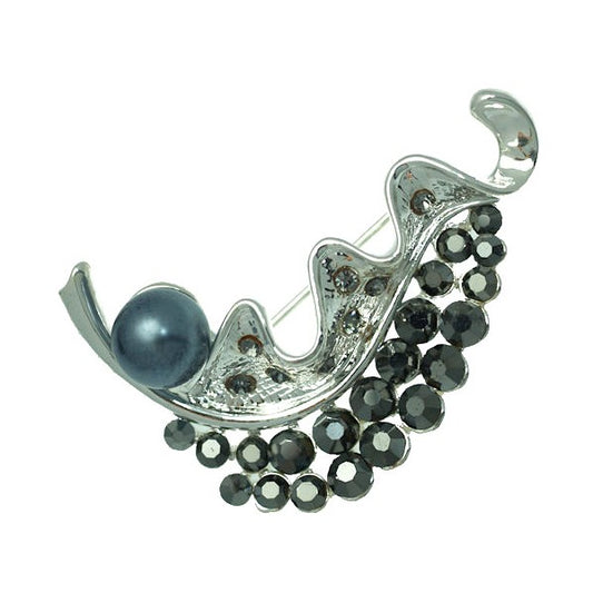 Cyrene Silver tone Hematite Grey faux Pearl Crystal Brooch