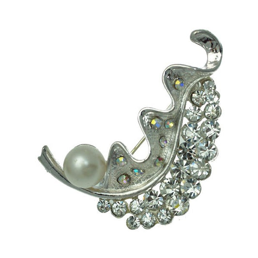 Cyrene Silver tone White faux Pearl Crystal Brooch